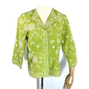 Coldwater Creek Blazer Jacket Green White Floral Embroidery Size 10